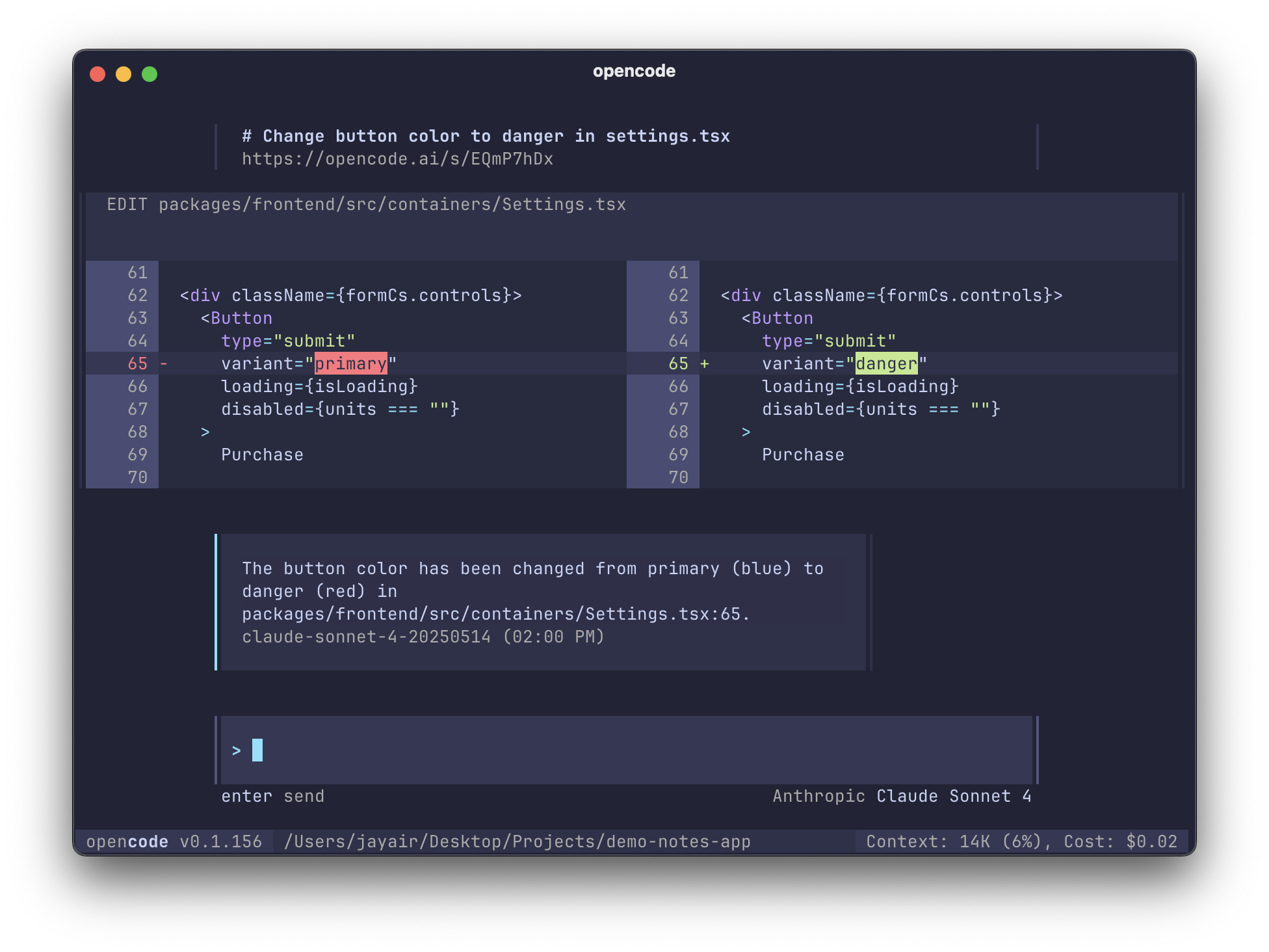 opencode TUI with the opencode theme